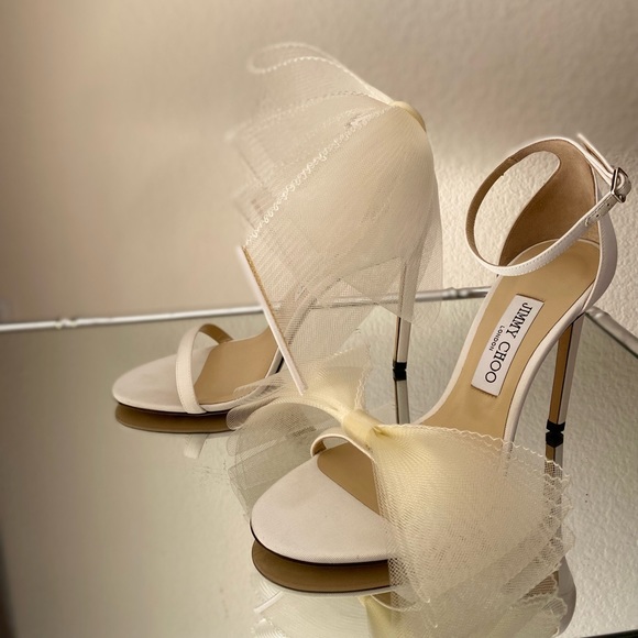 New Jimmy Choo Aveline 100 Latte Sandals Asymmetric Grosgrain Fascinator Bow - Picture 14 of 15